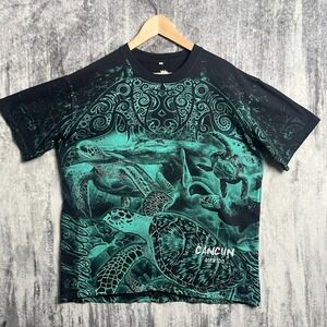 Vintage AOP Cancun Mexico Sea Turtle Men's Size XL Black T-Shirt All Over Print